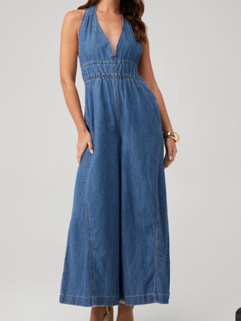 Free People Blue Denim Halter Wide-Leg Jumpsuit | Size XL - New